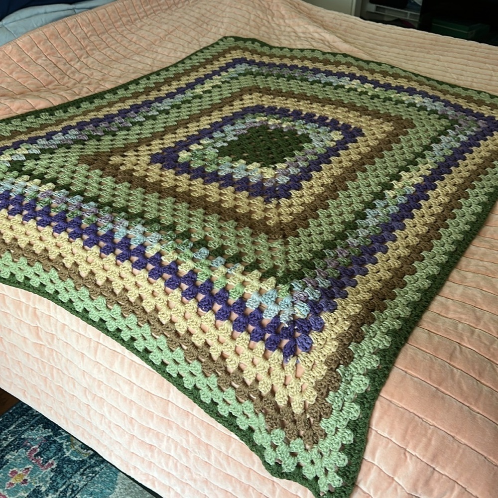 Throw blanket, granny square green purple brown, 45” x 55”